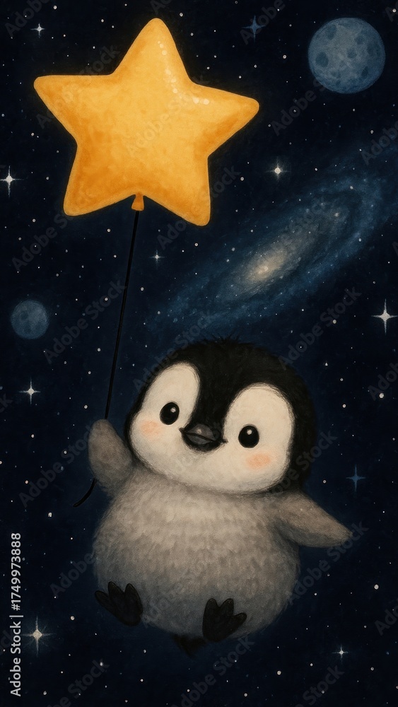 Fototapeta premium Cute penguin holding star mobile wallpaper