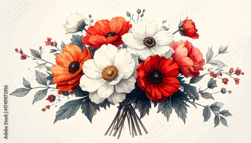 Red and white poppies bouquet with lush foliage