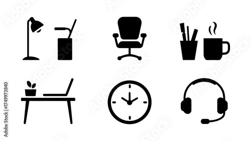 Vector art of office icons set of workplace elements, including desk, chair, lamp, clock, and headphones for a productive workspace