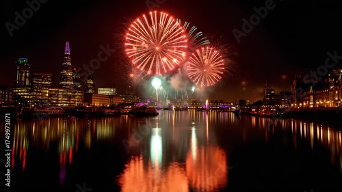 Fireworks display over the city of London at night, reflecting in the water.