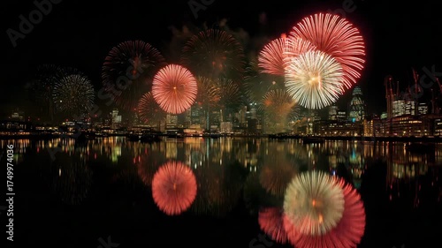 Spectacular fireworks illuminate the night sky over a city skyline reflected in water.