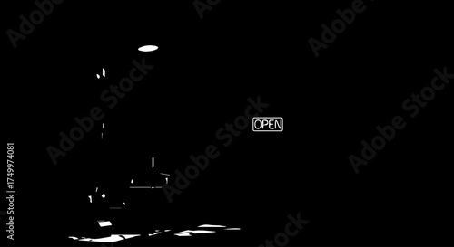 Simple Black and White Open Sign Displayed on Dark Background.