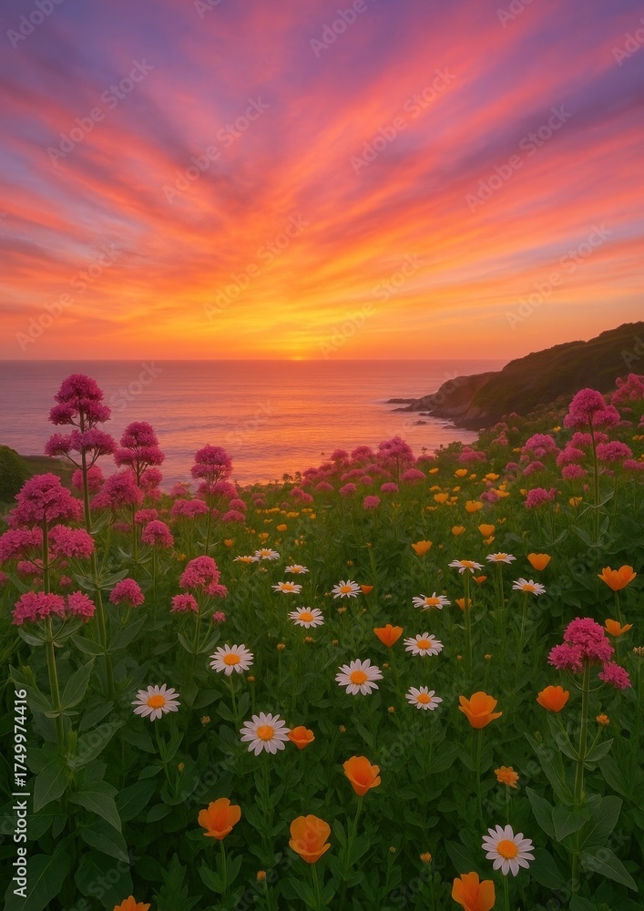 Fototapeta premium Vibrant sunset over floral landscape.