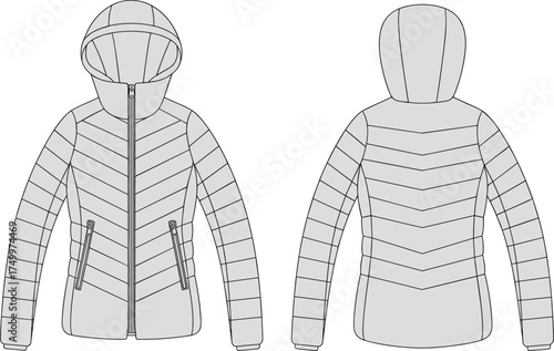 Hooded, puffer, jacket, quilted, chevron, winter, coat, vector, illustration, front, back, zipper, fashion, design, outline, sketch, insulated, outerwear, stylish, graphic