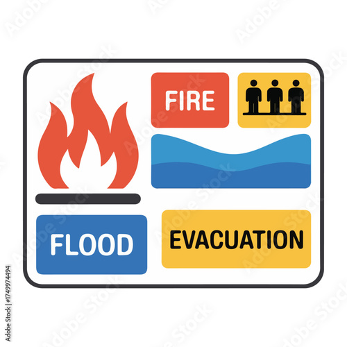 Flat solid color vector set for International Day for Disaster Risk Reduction featuring safety helmets, emergency kits, evacuation routes, fire & flood