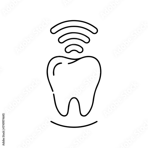 Simple Black Outline Illustration of a Tooth with Wireless Signal Radiating Above.