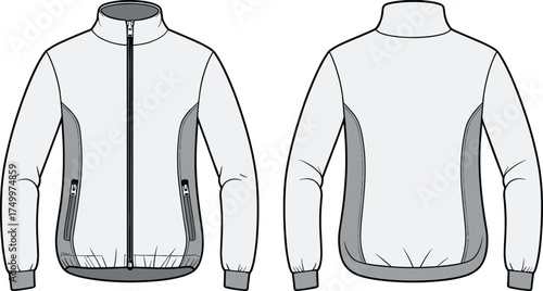 Jacket, zip-up, athletic, fashion, vector, illustration, front, back, sketch, outline, sporty, casual, design, collar, pocket, zipper, panel, contrast, garment, outerwear