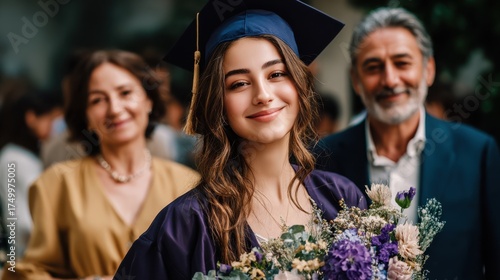 Young woman celebrates graduation in cap and gown with family in a festive outdoor setting during daytime