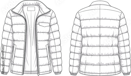 Puffer, jacket, winter, coat, quilted, padded, zipper, collar, fashion, apparel, vector, illustration, front, back, sketch, outline, insulated, stylish