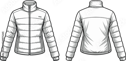 Puffer, jacket, winter, coat, quilted, white, zipper, collar, insulated, warm, fashion, vector, illustration, front, back, design, outerwear, apparel, graphic, stylish