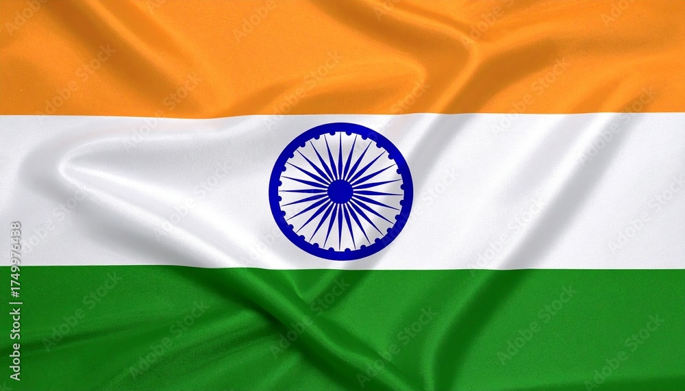 Naklejka premium India national flag with horizontal saffron, white, and green stripes featuring a navy blue Ashoka Chakra in the center—symbolic, spiritual, and patriotic.