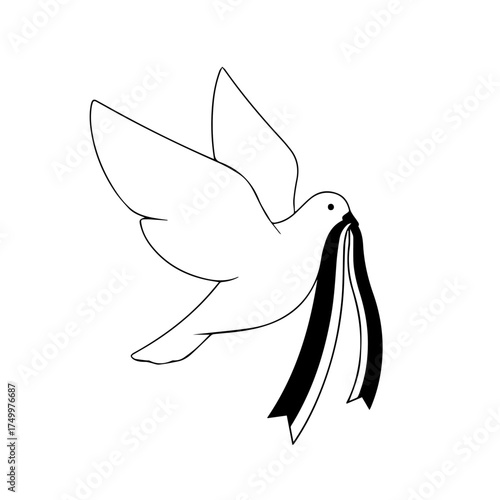 Simple Outline of a Dove in Flight Carrying Ribbons, Symbol of Peace.