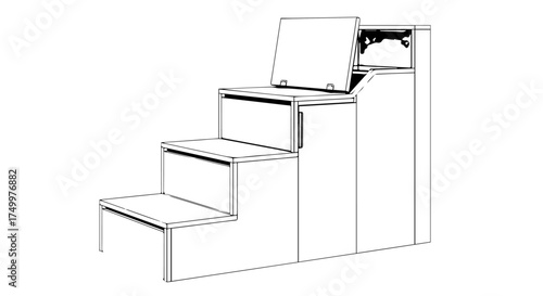 Simple Three-Step Wooden Step Stool with Hinged Top Compartment, Outline.