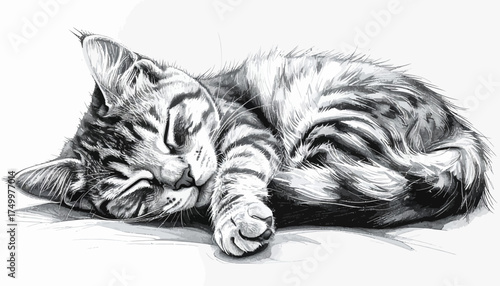 Sleeping tabby cat curled up with transparent background