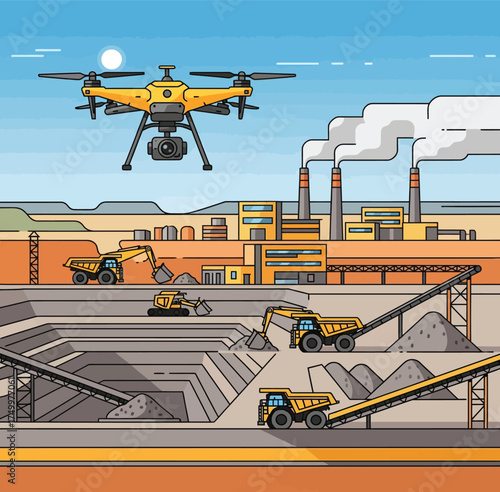 Vector, drone illustration in mining areas, industry, mining technology, mapping,