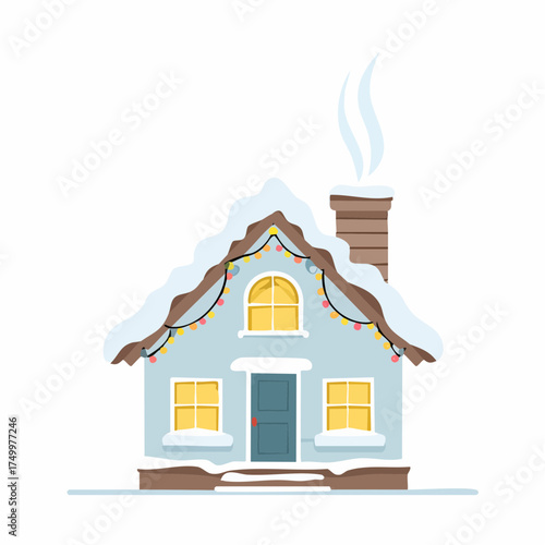 Vector design of a cozy blue winter house covered in snow, decorated with festive Christmas lights and smoke coming from the chimney