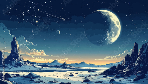 Night landscape with moon, stars, and rocky terrain