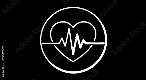 Simple White Heart and EKG Line Symbol Inside a Circle on Black Background.