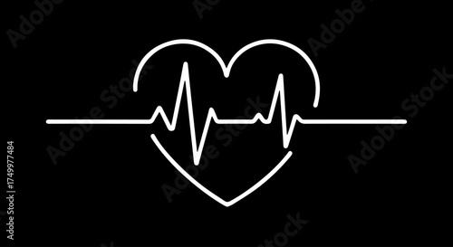 Simple White Heart Shape with EKG Line on Black Background.