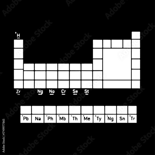 Simplified White Periodic Table of Elements on Black Background, Empty Boxes.