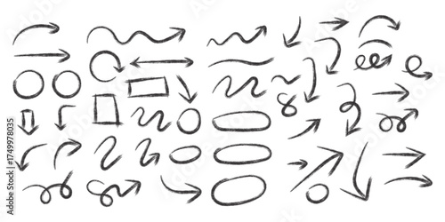 Hand Drawn Arrow and Circle Sketch Set for Presentation Design, Doodle Marker Direction Symbols, and Creative Vector Elements Collection