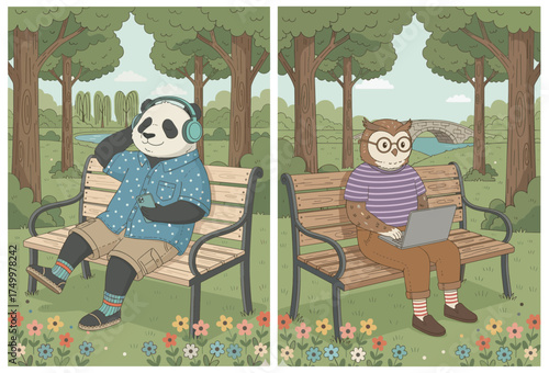 Panda and Owl Relaxing on a Park Bench – Hand-Drawn Cozy Animal Illustration
