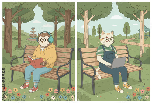 Owl and Cat Reading and Working in a Park – Hand-Drawn Cozy Animal Scene