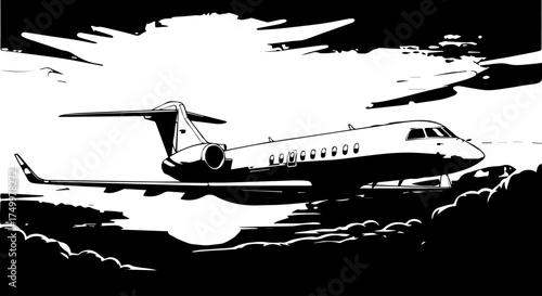 Sleek Black and White Jet Airplane Flying Through Cloudy Sky, Side View.