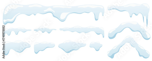 Vector collection of snowy caps and icicles. Frosted winter ice elements in cartoon style, isolated on transparency. Perfect for Christmas, New Year, and winter decorations