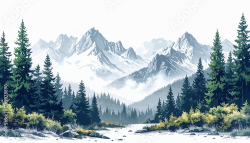 Snowy mountains landscape with pine trees and river