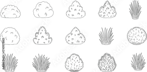 Set of Hand-Drawn Minimalist Bush, Shrub, and Grass Vector Illustrations, Including Different Shapes, Sizes, and Detailed Botanical Styles for Garden, Nature, Landscape, and Environment Design Assets.