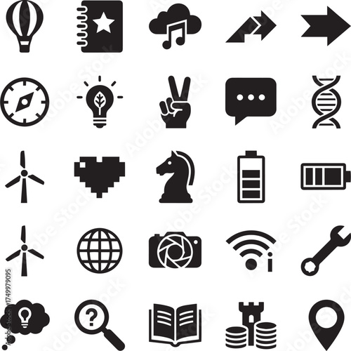 Set of 25 Universal Black Silhouette Icons for Web and App Interface Design
