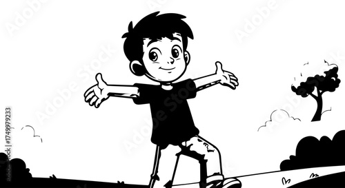 Smiling Cartoon Boy Balancing with Arms Outstretched, Black and White Illustration.