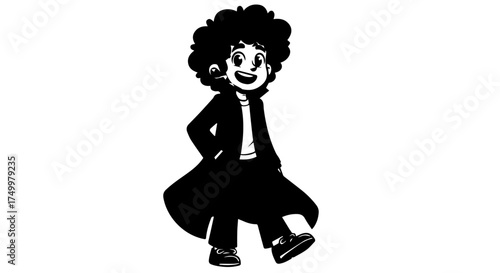 Smiling Cartoon Boy with Curly Hair Wearing a Long Coat and Shoes.
