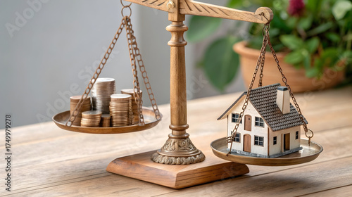 Real estate value concept with miniature house and coins on balance scale, housing market investment, property cost comparison, financial planning and mortgage visuals