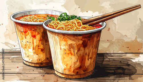 Instant noodles in cups with chopsticks on wood