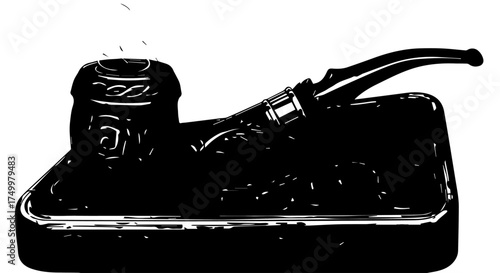 Elegant Black Tobacco Pipe Resting on a Rectangular Ashtray with Detailed Design.