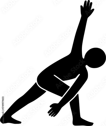 Parivrtta Parsvakonasana: Revolved Side Angle Pose filled yoga silhouette of twisted lunge posture with front arm outside knee and back arm reaching upward, transparent vector for yoga, anatomy