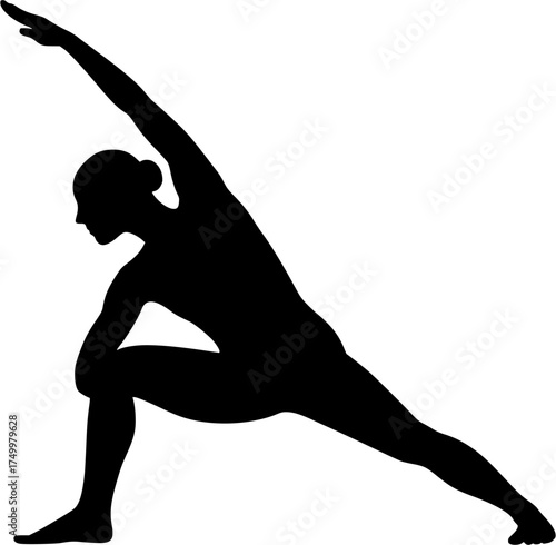 Parsvakonasana: Side Angle Pose solid yoga pose vector showing extended side stretch with bent front leg, supporting arm grounded, upper arm reaching long, transparent design for yoga, health & body