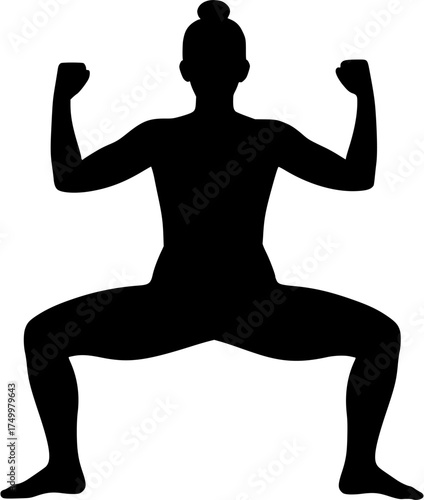 Utkata Konasana: Goddess Pose solid yoga pose vector showing strong grounded squat with open knees and bent elbows forming 90 degrees, transparent design for yoga, strength, mindfulness, and body