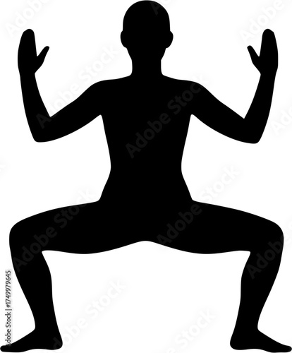 Utkata Konasana: Goddess Pose filled yoga silhouette of wide squat stance with knees bent outward and arms raised at right angles, powerful stable posture, transparent vector for yoga, anatomy, wellne