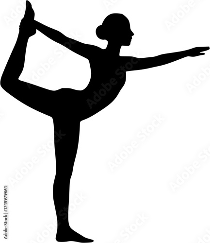 Natarajasana: Dancer Pose solid yoga pose vector showing elegant standing backbend with raised leg held by hand and opposite arm extended, transparent design for yoga, wellness, balance, and body