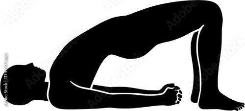 Setu Bandha Sarvangasana: Bridge Pose solid yoga pose vector showing supported backbend with hips raised, knees bent, arms tucked under body, transparent design for yoga, health, flexibility, and anat