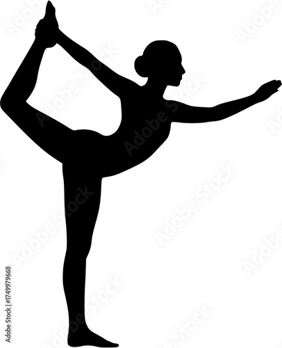 Natarajasana: Dancer Pose filled yoga silhouette of standing balance posture holding one foot behind with one hand, other arm reaching forward, graceful arched body, transparent vector for yoga,