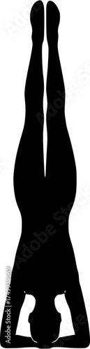 Salamba Sirsasana: Headstand filled yoga silhouette of inverted body balanced on forearms and head, legs extended straight upward with pointed toes, transparent vector for yoga, anatomy, balance,