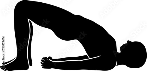 Setu Bandha Sarvangasana: Bridge Pose filled yoga silhouette of supine body with bent knees and lifted hips, shoulders pressing floor, arms beneath pelvis, transparent vector for yoga, anatomy, wellne
