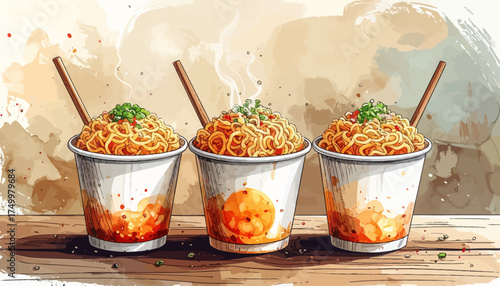 Three cups of ramen noodles with chopsticks