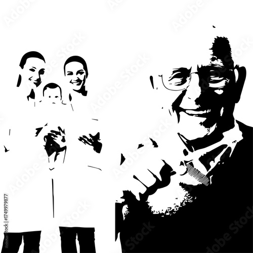 Smiling Elderly Man with Glasses Pointing, Black and White Portrait.