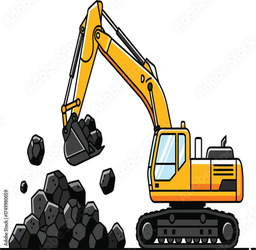 Vector, illustration of an excavator in a coal mining site, poster, printing, design, background, sticker