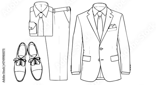 Elegant Hand-Drawn Outline of a Complete Mens Formal Suit Outfit.